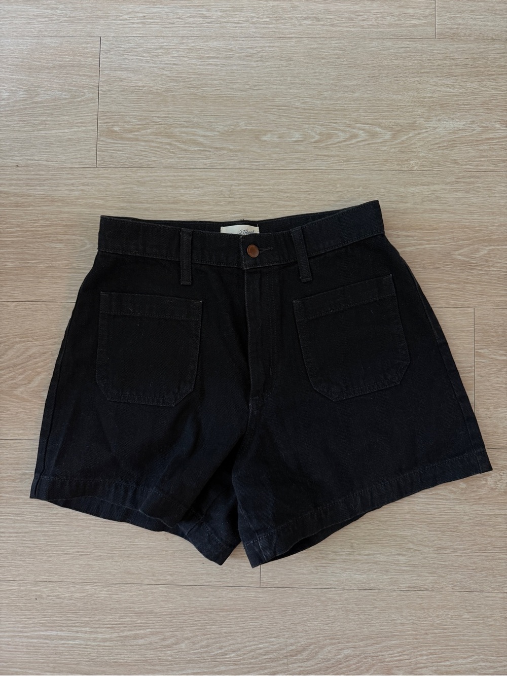 High-Rise Black Denim Jean Shorts with Front Patch Pockets